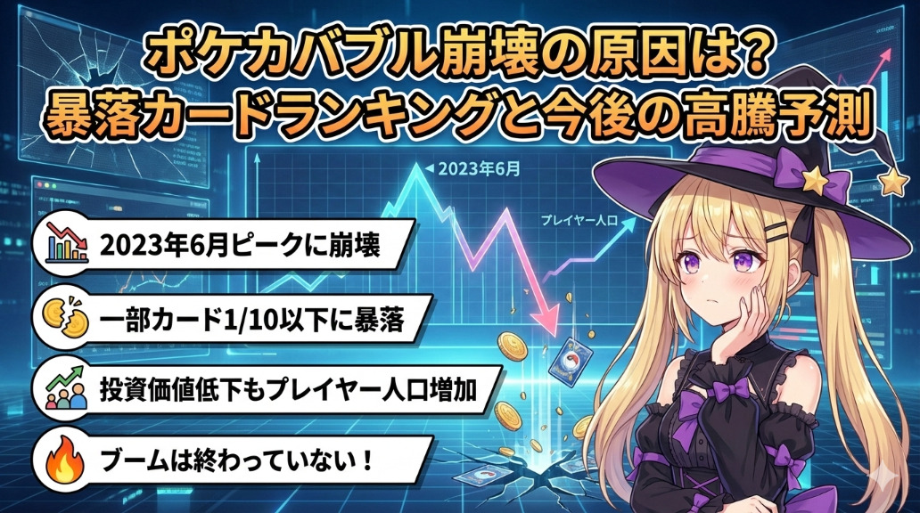ポケカバブル崩壊の原因は?暴落カードランキングと今後の高騰予測を徹底解説記事アイキャッチ画像